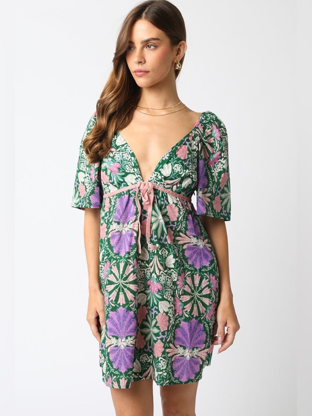 Olivaceous Floral Mini Dress In Green And Purple - Size Medium